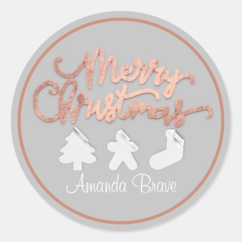 Merry Christmas Framed Tree Name Rose Gray Classic Round Sticker