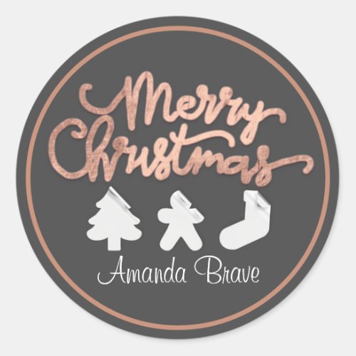 Merry Christmas Framed Tree Name Rose Gray Frame Classic Round Sticker