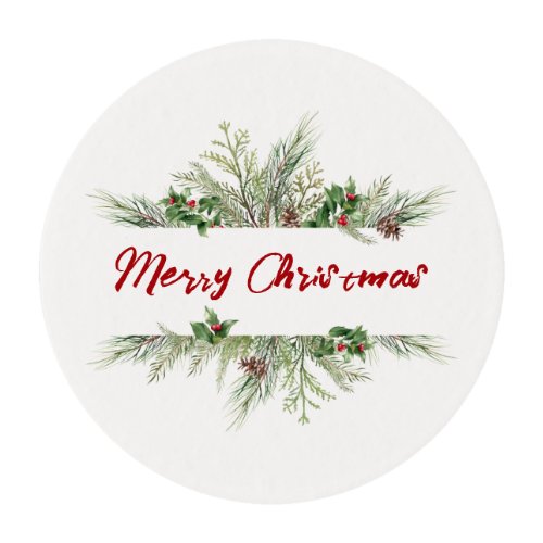 Merry Christmas Framed Winter Wheath Greeting Edible Frosting Rounds
