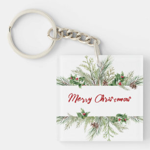 Merry Christmas Framed Winter Wheath Greeting Keychain