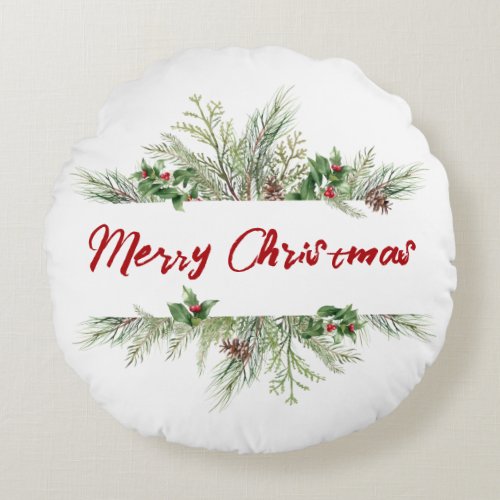 Merry Christmas Framed Winter Wheath Greeting Round Pillow