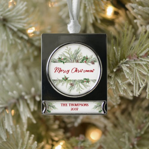 Merry Christmas Framed Winter Wheath Greeting Silver Plated Banner Ornament