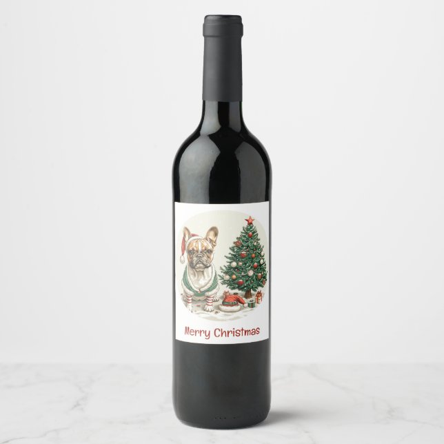 Merry Christmas French Bulldog Elf Dog Wine Label (Front)