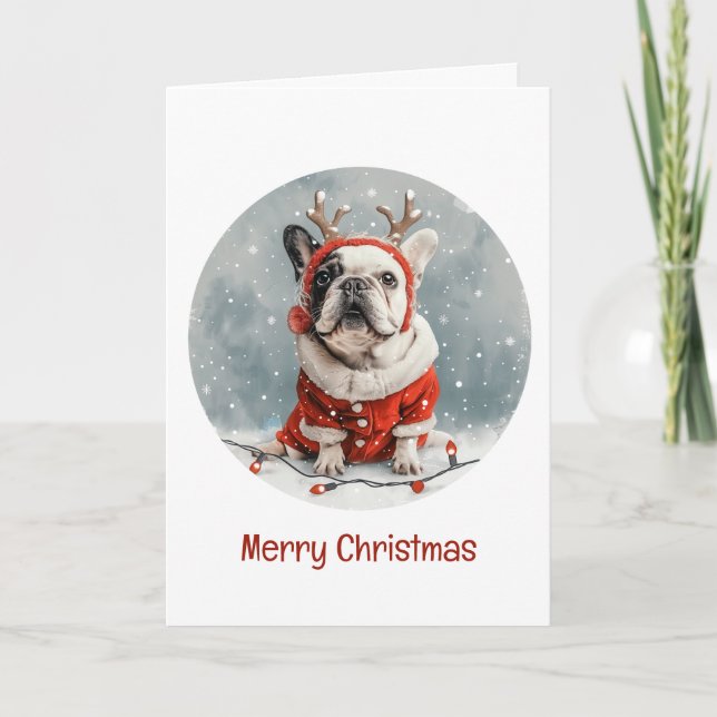 Merry Christmas French Bulldog Reindeer Dog Holiday Card (Front)