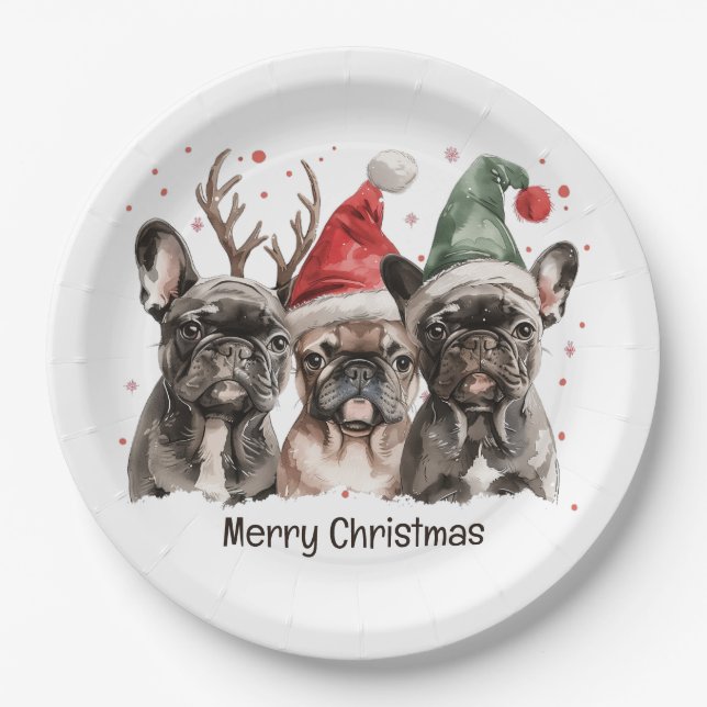 Merry Christmas French Bulldog Reindeer Dogs Paper Plates (Front)