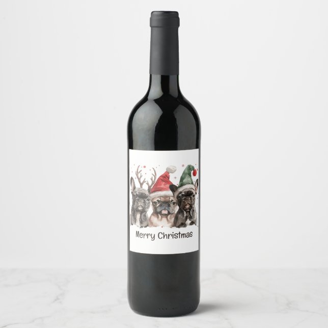Merry Christmas French Bulldog Reindeer Dogs Wine Label (Front)
