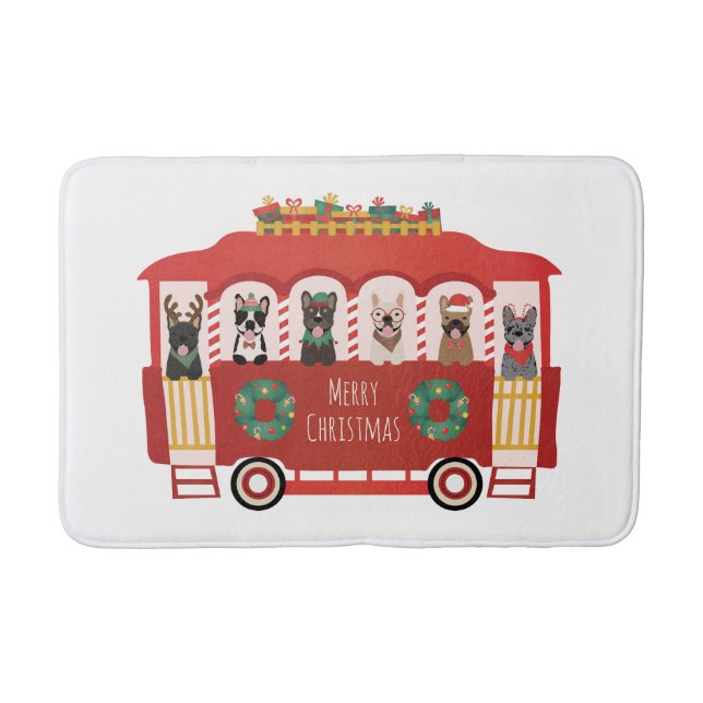 Merry Christmas French Bulldogs Holiday Trolly Bath Mat (Front)