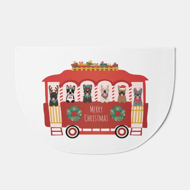 Merry Christmas French Bulldogs Holiday Trolly Doormat (Front)