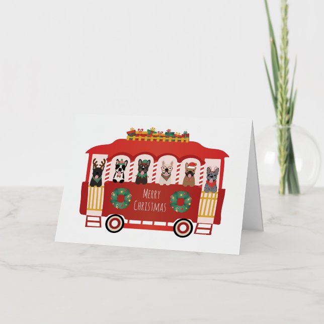 Merry Christmas French Bulldogs Holiday Trolly Foil Greeting Card (Front)