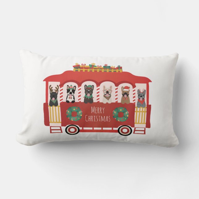 Merry Christmas French Bulldogs Holiday Trolly Lumbar Pillow (Front)