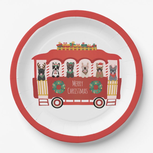 Merry Christmas French Bulldogs Holiday Trolly Paper Plates (Front)