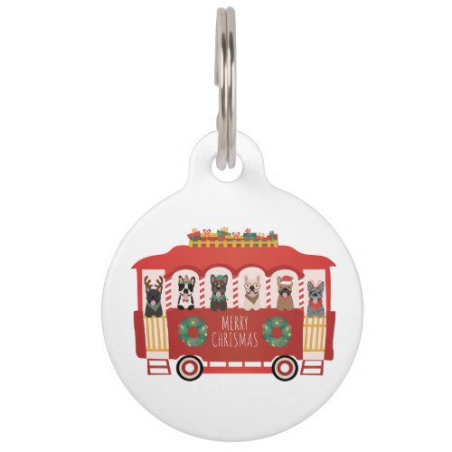 Merry Christmas French Bulldogs Holiday Trolly Pet ID Tag