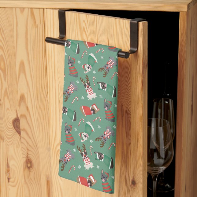 Merry Christmas French Bulldogs Kitchen Towel (Thirds Fold)