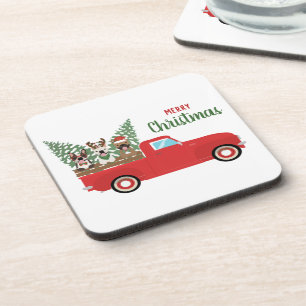 Merry Christmas French Bulldogs Red Pickup Truck Beverage Coaster