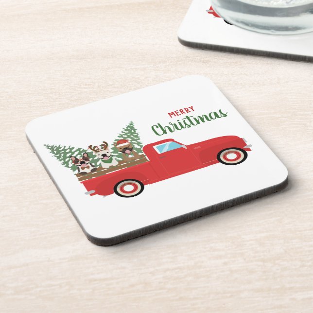 Merry Christmas French Bulldogs Red Pickup Truck Beverage Coaster (Left Side)