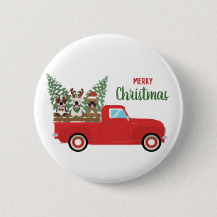 Merry Christmas French Bulldogs Red Pickup Truck Button