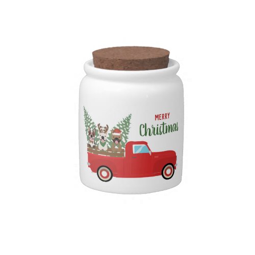 Merry Christmas French Bulldogs Red Pickup Truck Candy Jar