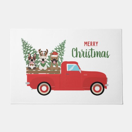Merry Christmas French Bulldogs Red Pickup Truck Doormat