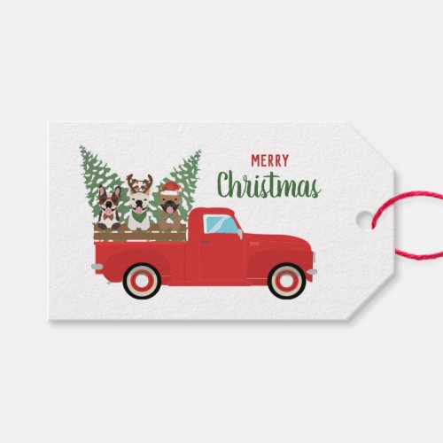 Merry Christmas French Bulldogs Red Pickup Truck Gift Tags