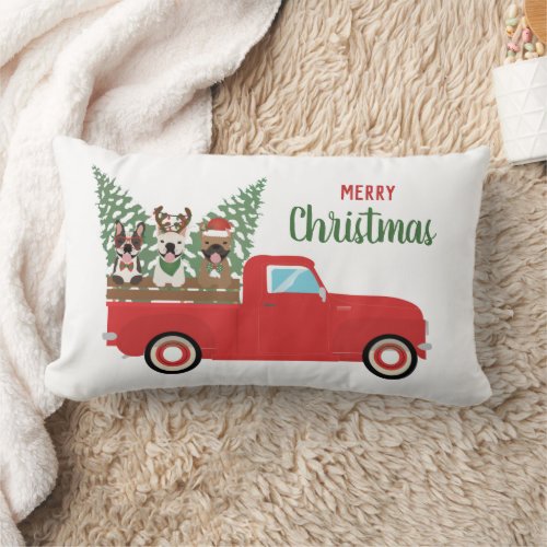 Merry Christmas French Bulldogs Red Pickup Truck Lumbar Pillow
