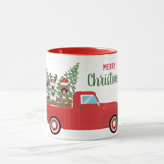 Merry Christmas French Bulldogs Red Pickup Truck Mug (Center)