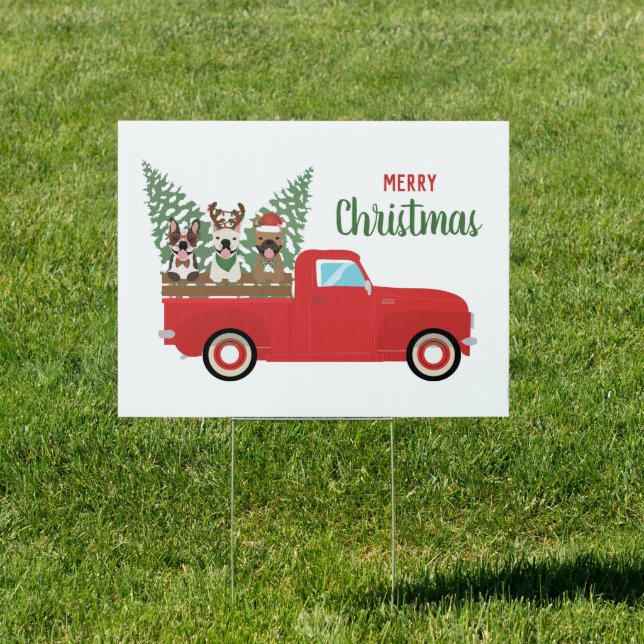 Merry Christmas French Bulldogs Red Pickup Truck Sign (Insitu)