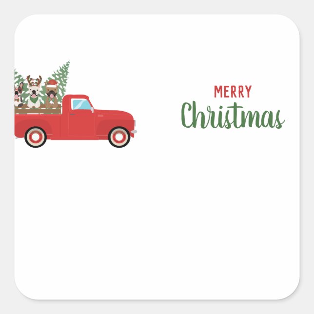 Merry Christmas French Bulldogs Red Pickup Truck Square Sticker (Front)