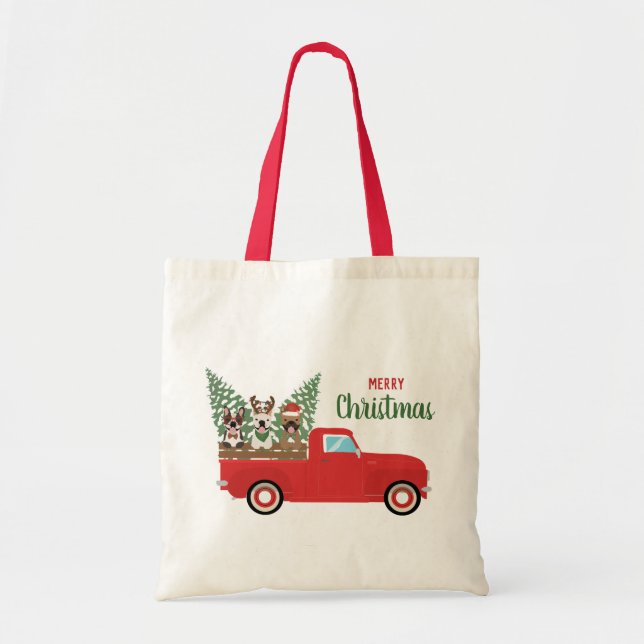 Merry Christmas French Bulldogs Red Pickup Truck Tote Bag (Front)