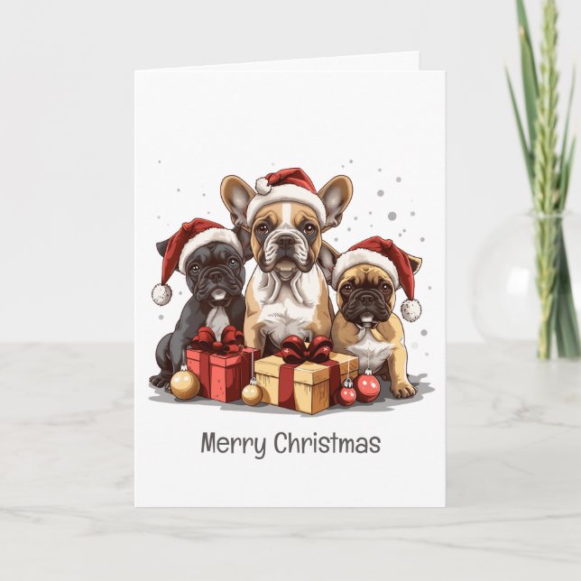 Merry Christmas French Bulldogs Santa Hat Holiday Card (Front)