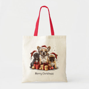 Merry Christmas French Bulldogs Santa Hat Tote Bag