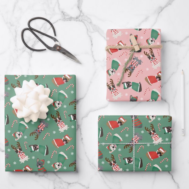 Merry Christmas French Bulldogs Wrapping Paper Sheets (Front)