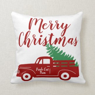 Merry Christmas Fresh Cut Trees Old Truck Holiday Throw Pillow