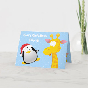 Merry Christmas Friend Cute Penguin & Giraffe Holiday Card