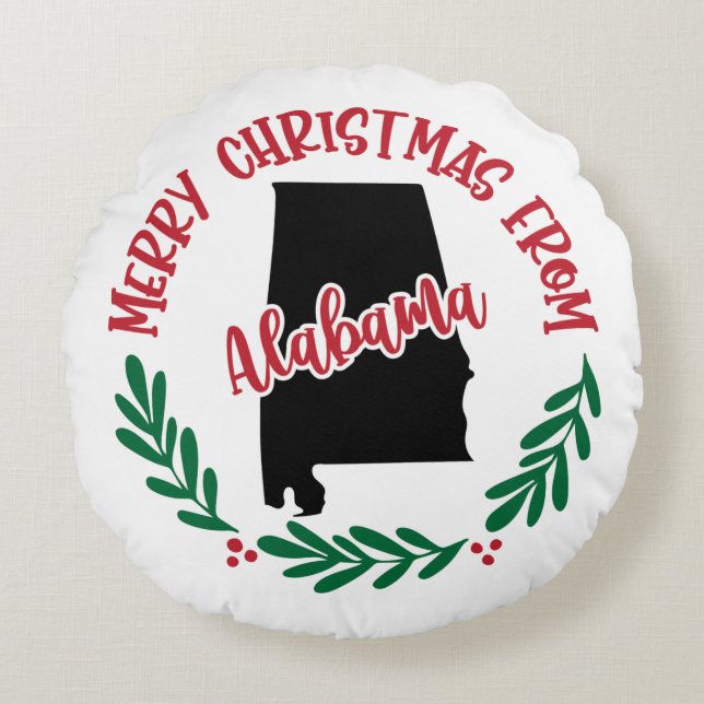 Merry Christmas From Alabama US Red Green White Round Pillow (Front)