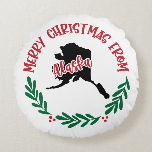 Merry Christmas From Alaska USA Red Green White  Round Pillow (Front)