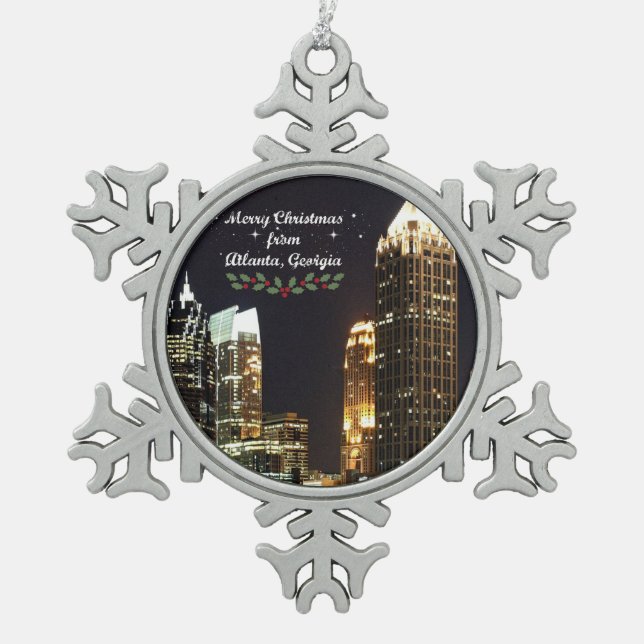 Merry Christmas from Atlanta, Georgia Snowflake Pewter Christmas Ornament (Front)