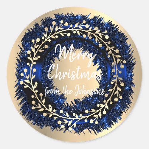 Merry Christmas From Blue Gold Glitter Wreath Classic Round Sticker