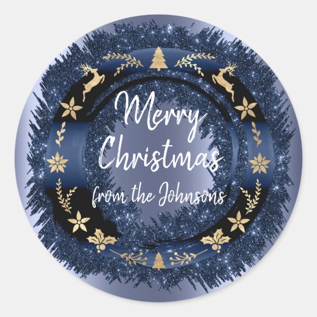 Merry Christmas From Blue Navy Glitter Gold Wreath Classic Round Sticker (Front)