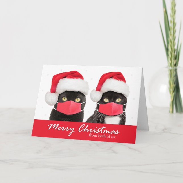 Merry Christmas From Both of Us Cats in Face Masks Holiday Card (Front)