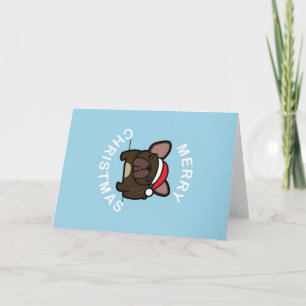 Merry Christmas from Brindle Santa Frenchie - Blue Holiday Card