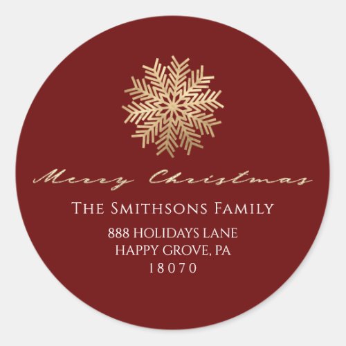 Merry Christmas From Burgundy Gold RSVP Snowflake Classic Round Sticker