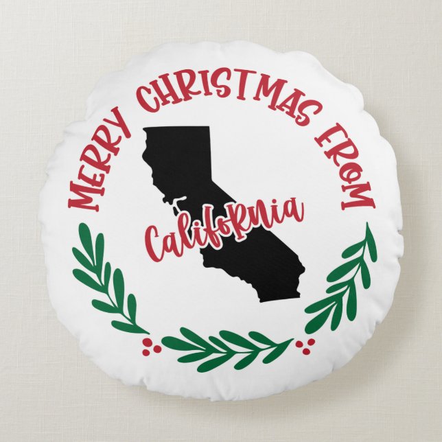 Merry Christmas From California US Red Green Round Pillow (Front)