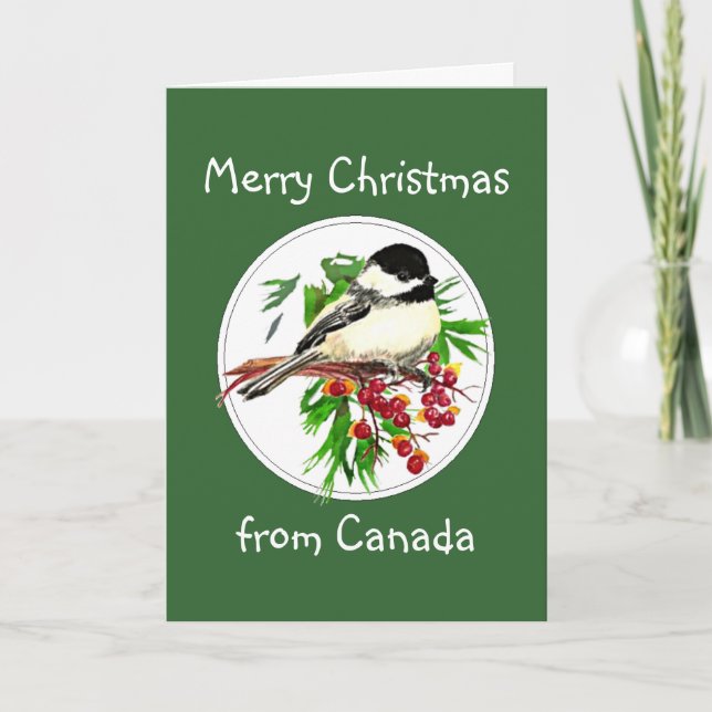 Merry Christmas from Canada Chickadee Bird Holiday Card (Front)