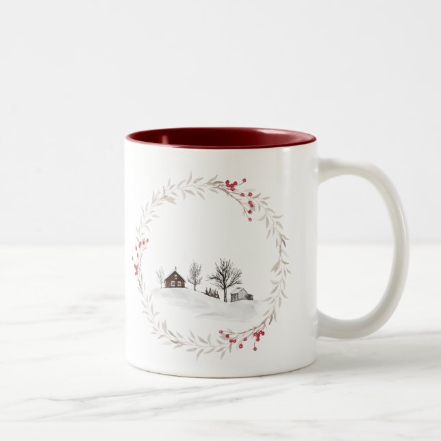 Merry Christmas From Canada Farmhouse Wreath Two-Tone Coffee Mug (Right)