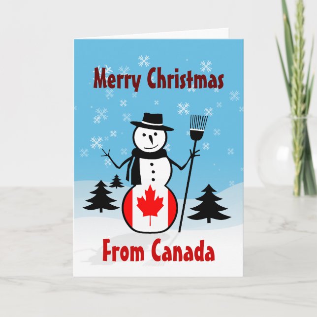 Merry Christmas From Canada Snowman Canadian Flag Holiday Card (Front)