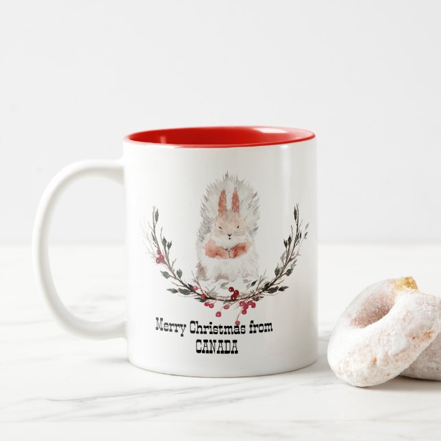 Merry Christmas From Canada Squirrel  Two-Tone Coffee Mug (With Donut)