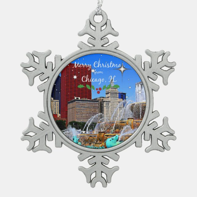 Merry Christmas from Chicago Snowflake Pewter Christmas Ornament (Front)