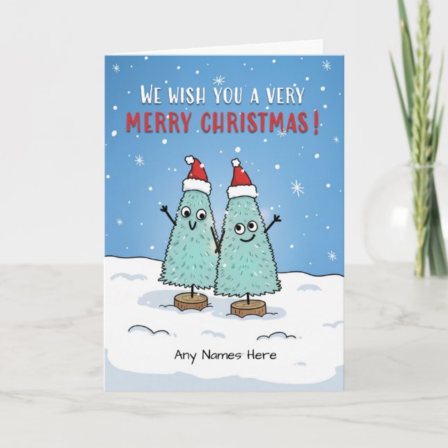 Merry Christmas From Couple Custom Names Trees Holiday Card (Front)