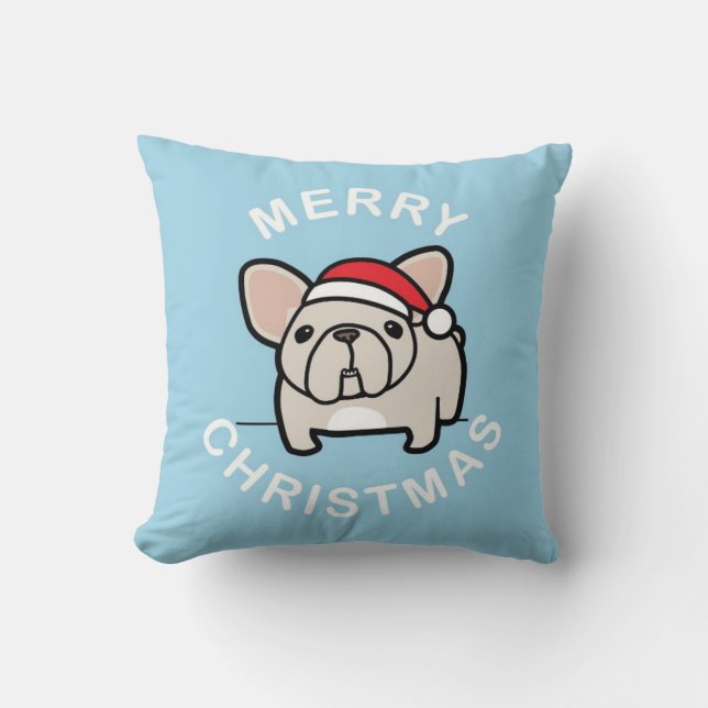 Merry Christmas from Cream Santa Frenchie - Blue Throw Pillow (Front)