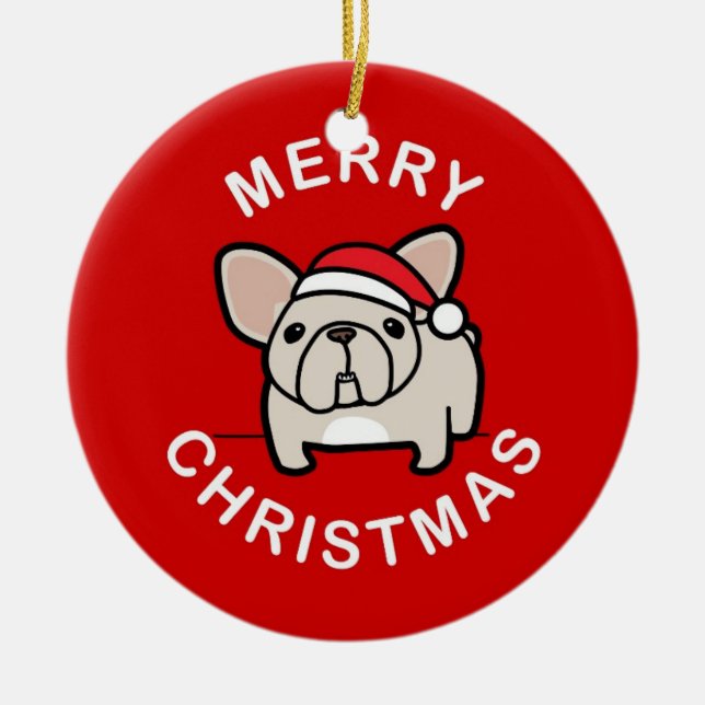 Merry Christmas from Cream Santa Frenchie - Red Ceramic Ornament (Front)